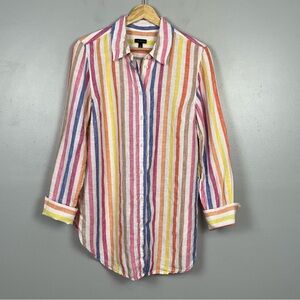 Talbots 100% linen multi rainbow stripe button front tunic shirt, medium.